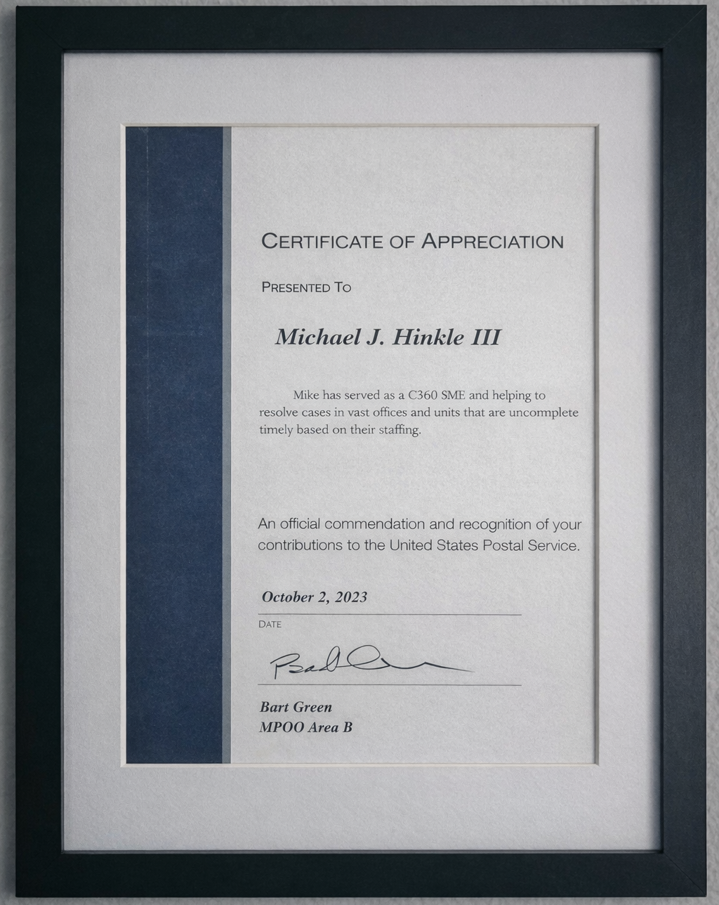 Certificate of Appreciation Area B